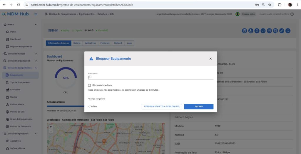 MDM-Hub bloqueio remoto de equipamento ativo